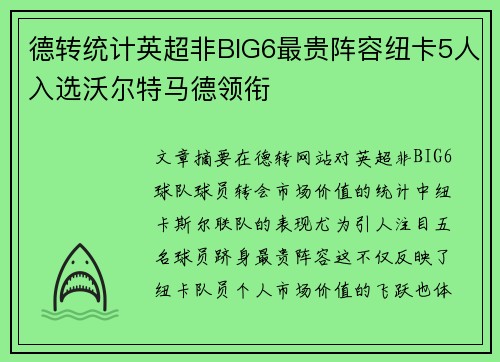 德转统计英超非BIG6最贵阵容纽卡5人入选沃尔特马德领衔